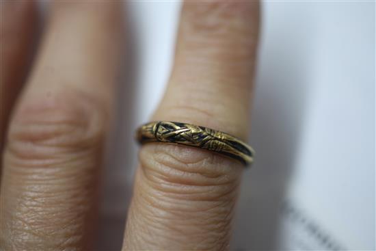 A George II gold and black enamel skeleton momento mori ring, size P/Q.